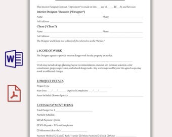 Contrato de diseño de interiores imprimible, plantilla editable, acuerdo profesional para diseñadores y clientes, formulario de diseño