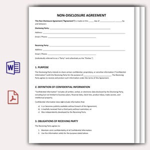 May include: A printed non-disclosure agreement form with the title "NON-DISCLOSURE AGREEMENT" at the top. The document includes sections for parties involved, purpose, definition of confidential information, and obligations. The form is white with black text.