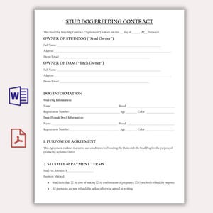 May include: A printed Stud Dog Breeding Contract on white paper. The document includes sections for owner information, dog details, agreement purpose, and stud fee terms. Two icons, a Word document and a PDF file, are in the lower left corner.