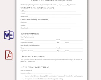 Plantilla de contrato de cría de perros sementales, acuerdo de apareamiento de perros editable en PDF, formulario de servicio de camada de cachorros AKC/UKC, acuerdo legal del criador de perros