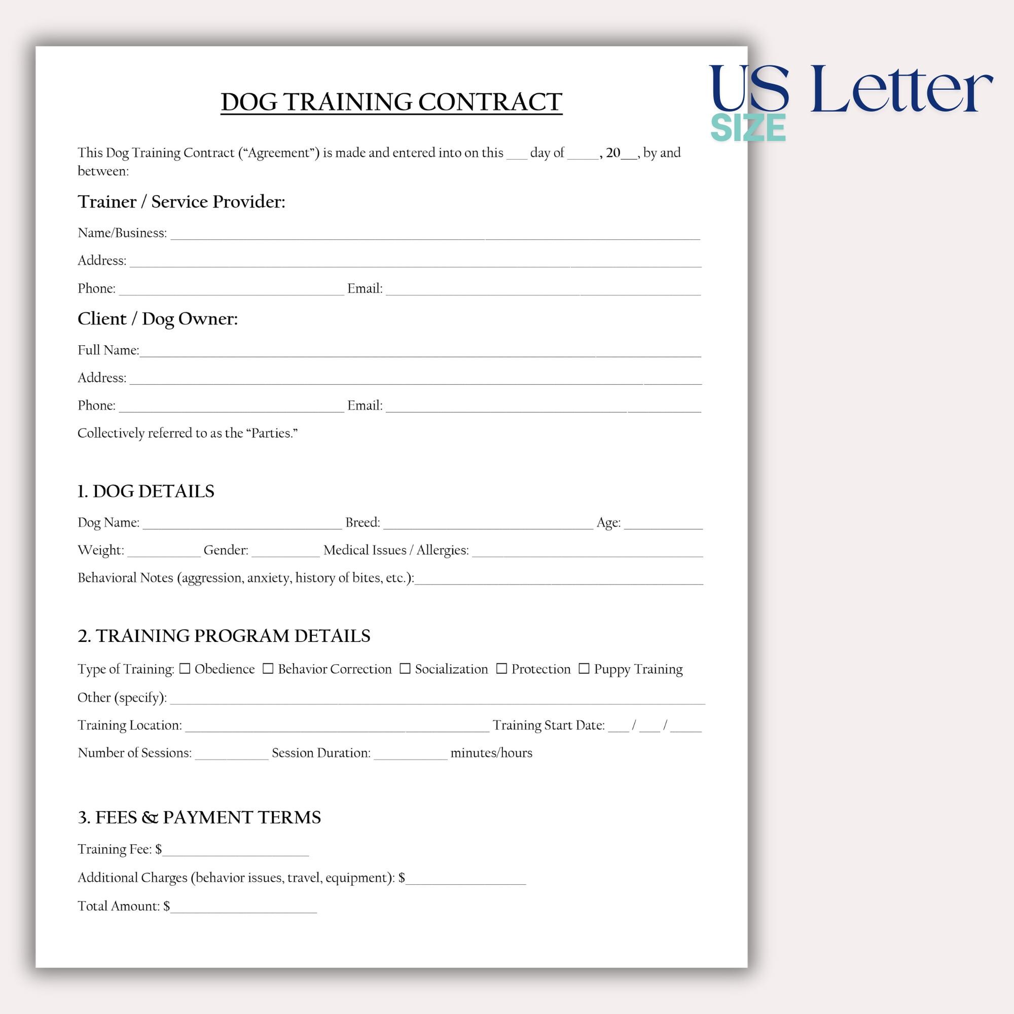 Professional Dog Training Contract Template, Editable Dog Training ...