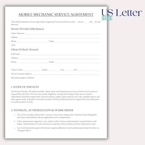 May include: A US Letter size document titled "MOBILE MECHANIC SERVICE AGREEMENT". The document includes sections for service provider and client information, scope of services, and estimate authorization. The text is black on a white background.