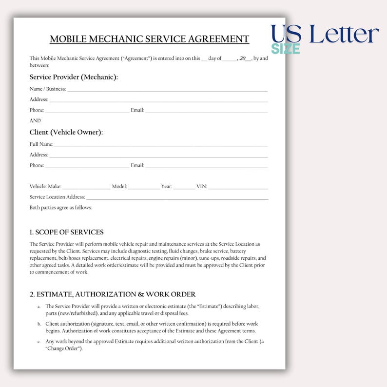 May include: A US Letter size document titled "MOBILE MECHANIC SERVICE AGREEMENT". The document includes sections for service provider and client information, scope of services, and estimate authorization. The text is black on a white background.