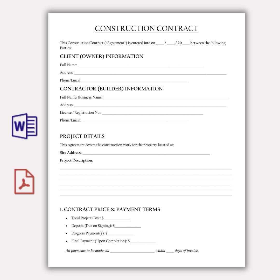 Construction Contract Template, Building Contractor Agreement PDF ...