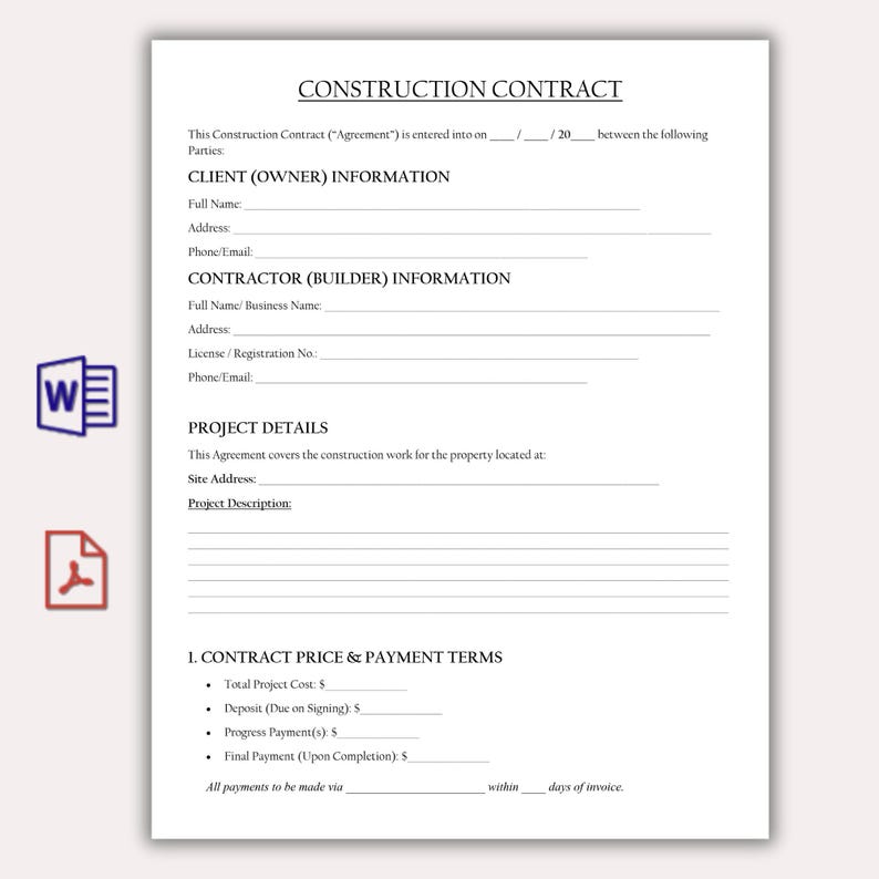 Construction Contract Template, Building Contractor Agreement PDF ...