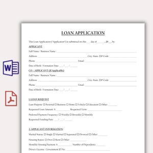Peut inclure: Un formulaire de demande de prêt sur papier blanc avec du texte noir. Le document comprend des sections pour les informations sur le demandeur et le co-demandeur, les détails de la demande de prêt et les informations personnelles avec des cases.