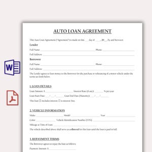 Auto Loan Agreement Template, Editable Auto Finance Plan Form, Car Payment Agreement for Personal, Dealership Sales, Instant Download