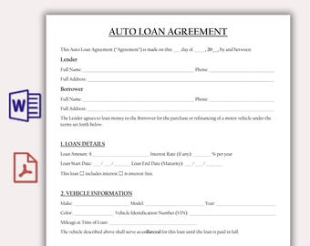 Auto Loan Agreement Template, Editable Auto Finance Plan Form, Car Payment Agreement for Personal, Dealership Sales, Instant Download