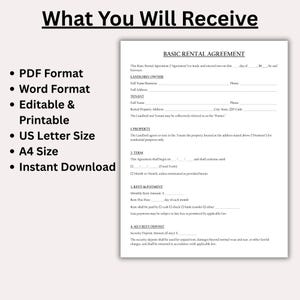 May include: A white Basic Rental Agreement form with black text. The document includes sections for landlord/owner, tenant, property, term, rent, and security deposit. Bullet points on the left indicate PDF, Word, editable, printable, US Letter, A4 size, and instant download.