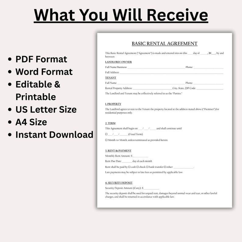 May include: A white Basic Rental Agreement form with black text. The document includes sections for landlord/owner, tenant, property, term, rent, and security deposit. Bullet points on the left indicate PDF, Word, editable, printable, US Letter, A4 size, and instant download.