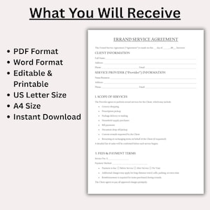 May include: A white document titled "ERRAND SERVICE AGREEMENT" with fillable fields for client and provider information. The document includes a scope of services and fee terms. Text on the left side lists: PDF, Word, Editable, Printable, US Letter, A4, and Instant Download.