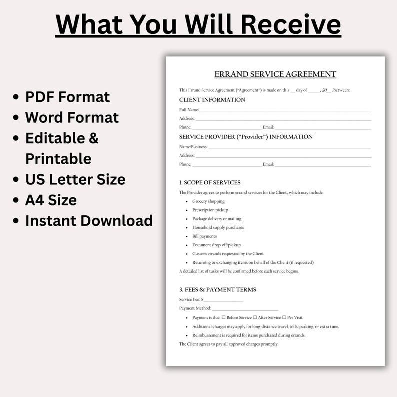 May include: A white document titled "ERRAND SERVICE AGREEMENT" with fillable fields for client and provider information. The document includes a scope of services and fee terms. Text on the left side lists: PDF, Word, Editable, Printable, US Letter, A4, and Instant Download.