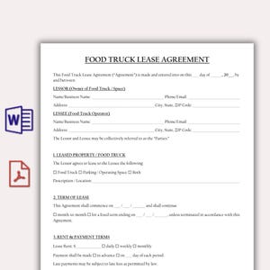 May include: A Food Truck Lease Agreement document with a title and sections for Lessor and Lessee details, property description, lease terms, and rent payment terms. Includes checkboxes and fillable fields.