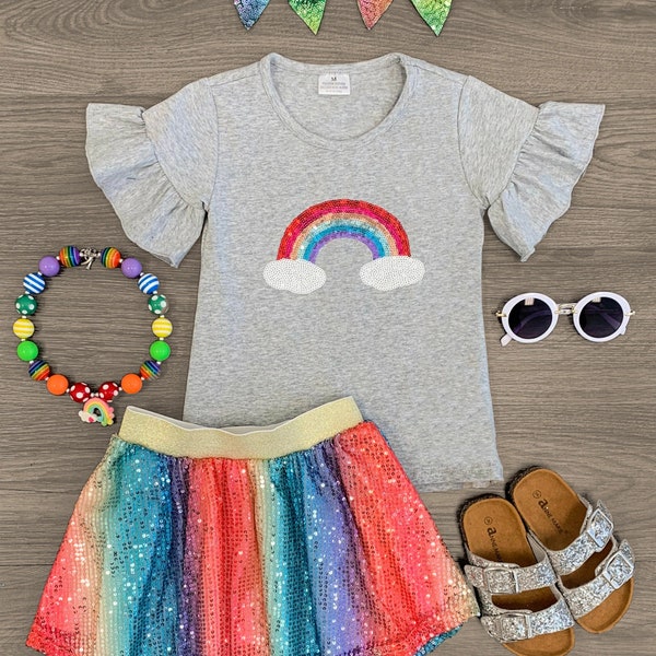 Girls Rainbow Sequin Skirt Shirt Set | Girls Rainbow Sequin Outfit | Girls Rainbow Outfit | Rainbow Sequin Shirt | Rainbow Sequin Skirt