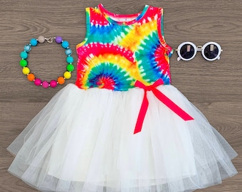 Girls Rainbow Tie Dye White Tulle Dress | Tie Dye Tutu Dress | Tie Dye Tulle Dress | Tie Dye Dress | Girls White Tulle Dress | Girls Tie Dye