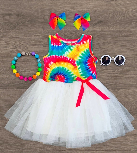 Girls Rainbow Tie Dye White Tulle Dress 