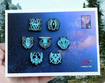 Skyrim Enamel Pin Set Glow in the dark Game Achievements Elder Scrolls Inspired, Badge Gift