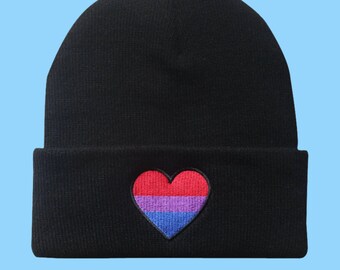 Bisexual Pride Beanie, Love Heart LGBTQ Embroidered Gift
