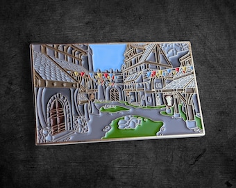 RPG Medieval City Enamel Pin, Collectable Badge Fantasy Role Playing Video Game Charm Collectors Gift