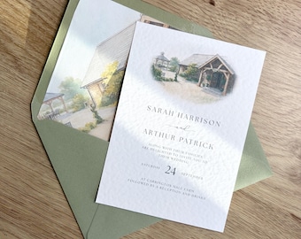 Watercolor Wedding Venue Invitation, Rustic Elegant Personalized Illustration