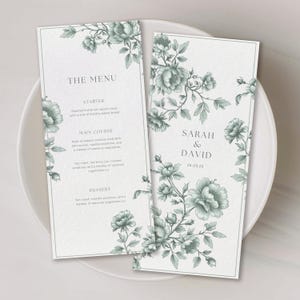 Gepersonaliseerde bruiloftsmenusjabloon modern minimalistisch digitale download afdrukbare bewerkbare hoge menukaart chinoiserie salie groen bloemen