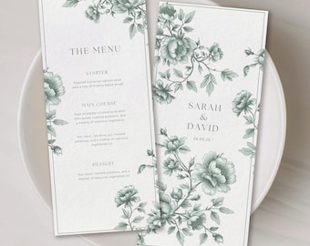 Personalised Wedding Menu Template Modern Minimalist Digital Download Printable Editable Tall Menu Card Chinoiserie Sage Green Floral Canva