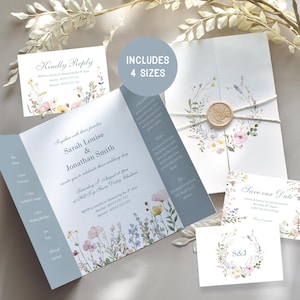 Puede incluir: Conjunto de invitaciones de boda con una invitación tríptica, tarjeta de confirmación de asistencia, tarjeta de reserva de fecha y una tarjeta pequeña con iniciales. El diseño incluye ilustraciones florales en colores pastel, un sello de cera y cuerda. Incluye 4 tamaños.
