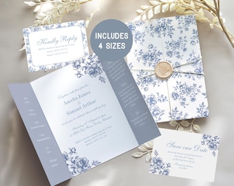 Gatefold  Wedding Invite, Dusty Blue Toile de Jouy, Folding Wedding Invitation Set, Chinoiserie Floral Vintage, Powder Blue, Canva Template