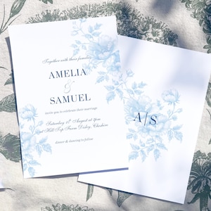 Dusty Blue Toile de Jouy Wedding Invitation Set Template, Elegant Rustic Invite Printable, Customisable, Vintage Floral Design, Canva