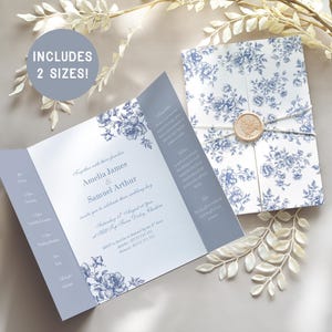 Gatefold  Wedding Invite, Dusty Blue Toile de Jouy, Folding Wedding Invitation Set, Chinoiserie Floral Vintage, Powder Blue, Canva Template