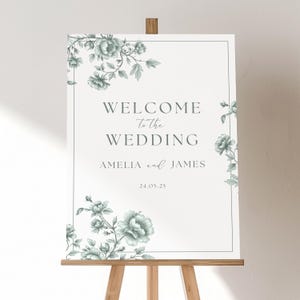 Personalised Wedding Welcome Sign Template Printable, DIY Wedding, Vintage, Modern, Sage Green, Floral Rose, Instant Download, Canva