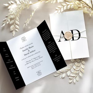Gatefold Wedding Invite Template, Classic Monochrome Monogram Folding Wedding Invitation Set Watercolour Floral, Modern Wedding Invite Canva