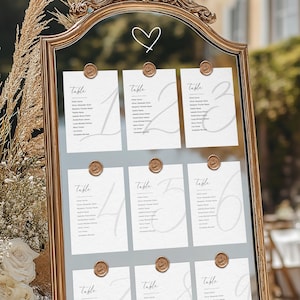Bruiloft zitplaatsen grafieksjabloon, tafelnummers, moderne minimalistische bruiloft spiegel tafel zitplaatsen kaartsjabloon, vind je stoel, afdrukbaar