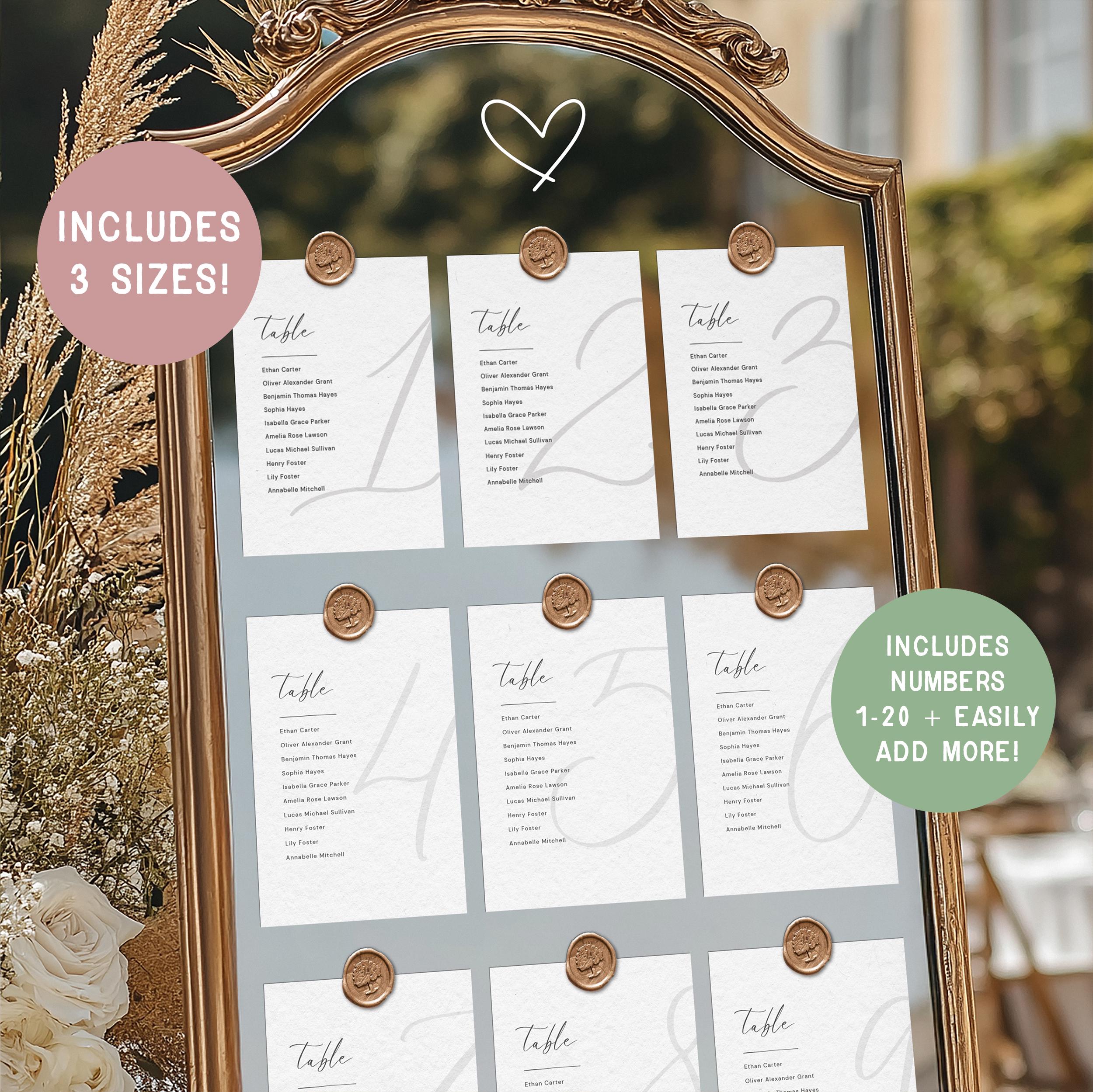 Modèle de plan de table pour mariage, numéros de table, modèle de carte pour siège table miroir de mariage minimaliste moderne, trouver votre place, toile imprimable