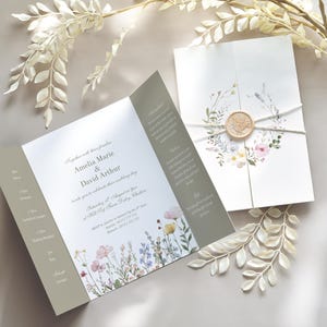 Modèle gatefold d'invitation de mariage, fleurs sauvages vert sauge, ensemble pliant de faire-part de mariage, aquarelle florale, faire-part de mariage rustique