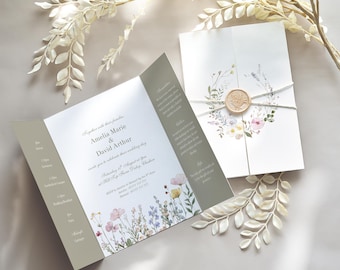 Modèle gatefold d&#39;invitation de mariage, fleurs sauvages vert sauge, ensemble de faire-part de mariage pliant, aquarelle florale, faire-part de mariage rustique, toile