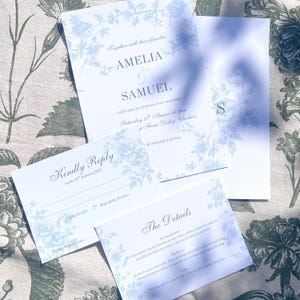 Dusty Blue Toile de Jouy Wedding Invitation Set Template, Elegant Rustic Invite Printable, Customisable, Vintage Floral Design, Canva