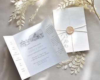 Invitación de boda plegable, set de invitaciones de boda plegables, ilustración de boceto de lugar, personalizada, plantilla de Canva