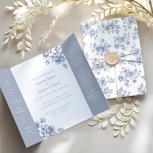 Hochzeitseinladung Set, Hochzeitseinladung Set, Faltbares Hochzeitseinladung Set, Toile de Jouy, Blau
