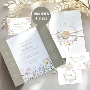 Gatefold Wedding Invite Template, Sage Green Wildflower, Folding Wedding Invitation Set, Watercolour Floral, Rustic Wedding Invite, Canva