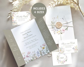 Gatefold Wedding Invite Template, Sage Green Wildflower, Folding Wedding Invitation Set, Watercolour Floral, Rustic Wedding Invite, Canva