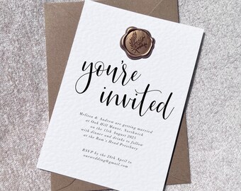 Wedding Invitation Printed Simple Invite Cards Modern Wedding Personalised Personalised Invitation, Elegant, Minimalist Wedding, Wax Seal