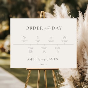 Hochzeit Auftrag des Tages Zeichen, Vorlage für Hochzeitseinladungen, druckbare Hochzeits-Timeline-Symbole, einfache Einladungsbeilage, bearbeitbarer Download