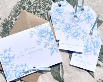 Something Old, New, Borrowed, Blue, Gift tag and cards, Bridal Shower, Hen Party, Wedding gift for bride, Personalised, Toile de Jouy, blue