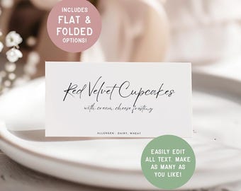Modern Buffet Card Template, Minimalist Wedding Food Labels, Name Cards, Elegant Event Printable Dessert Canva Template, Wedding Party