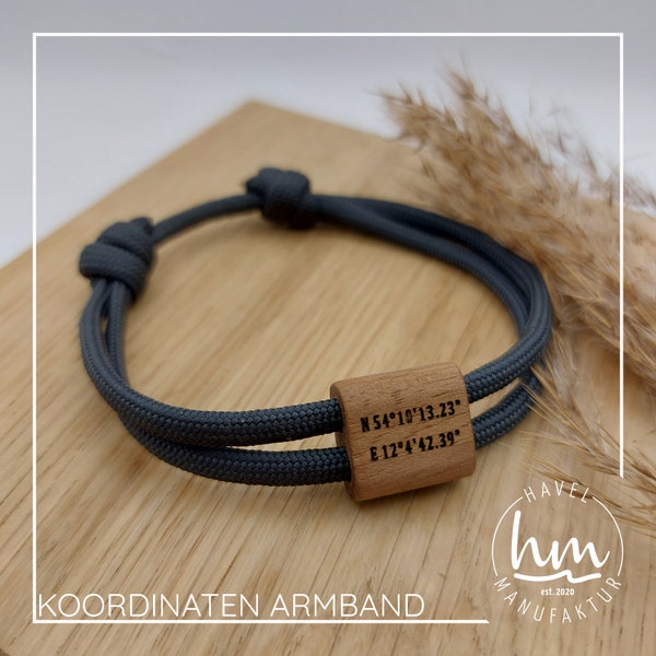 Koordinaten Armband [5] Personalisiert mit Gravur Partnerarmband Holz Geschenk Muttertag Vatertag Weihnachten Valentinstag Paracord