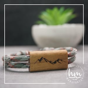 Pulsera larga de montaña, pulsera personalizada grabada para pareja, regalo de madera, Día de la Madre, Día del Padre, Navidad, San Valentín, paracord.