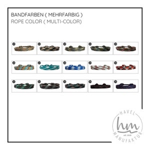 以下が含まれることがあります： マルチカラーのロープブレスレットの画像。画像には「BANDFARBEN (MEHRFARBIG) ROPE COLOR (MULTI-COLOR)」というテキストとブランドロゴが含まれています。各ブレスレットは、迷彩、ティール、赤などのオプションを含む、ユニークな色の組み合わせが特徴です。