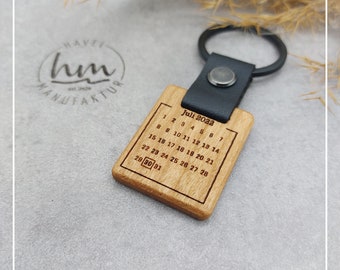 Calendar Date Keychain Personalized Wooden Leather Cord Gift Mother's Day Father's Day Christmas Birthday Valentine's Day Wedding