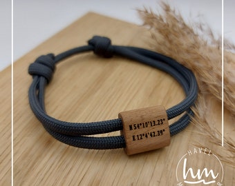 Koordinaten Armband [1] Personalisiert mit Gravur Partnerarmband Holz Geschenk Muttertag Vatertag Weihnachten Valentinstag Paracord